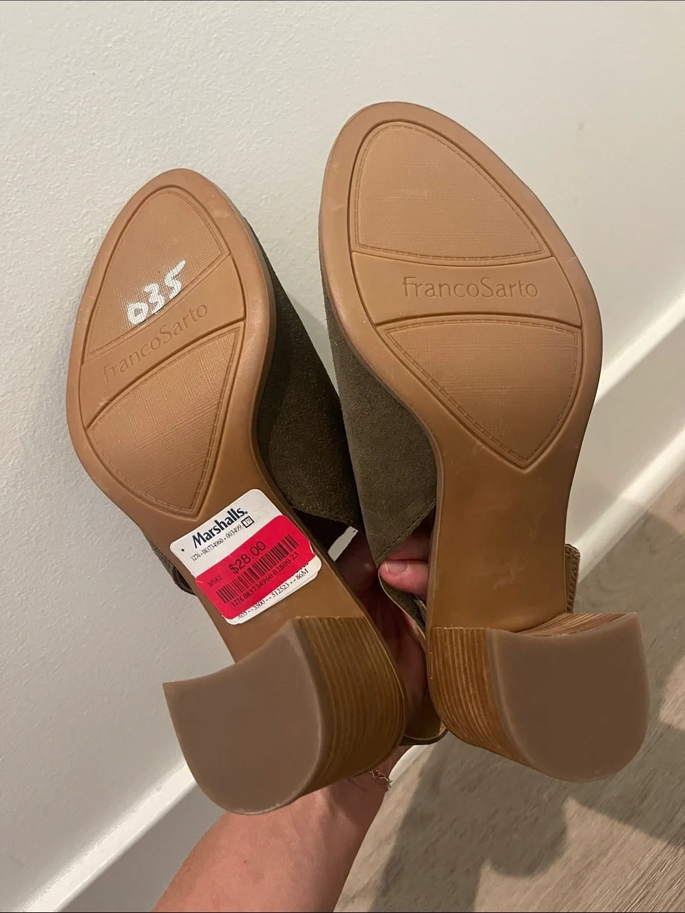 Franco Sarto Taupe Suede Open-Toe Slingback Block Heel